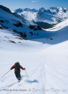 Nils Larsen demonstrates solid technique in Sierra cement with skinny skis.