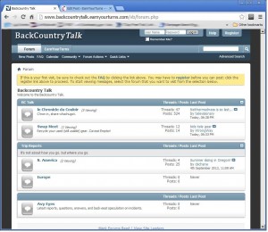 Screen grab of the new Backcountry Talk forum on  Earn Your Turns.com