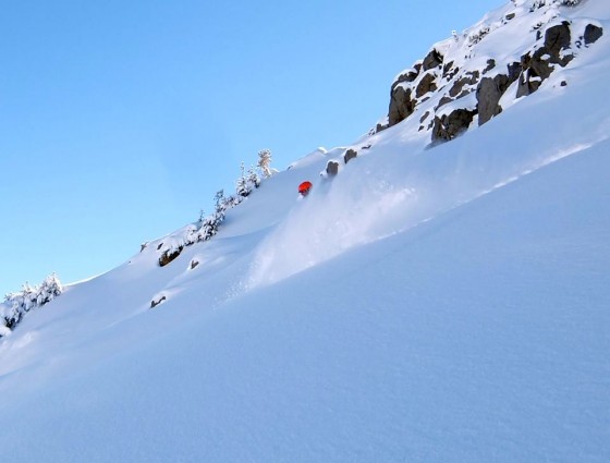 Obstacles may dominate the snow pack, but pockets of powder do exist this season, even in Tahoe.  Photo by tahoebc.