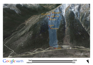 Google Earth view of terrain where two were killed in an avalanche on Feb. 15, 2014.