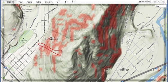 Slope analysis courtesy Hillmap.com with an estimate of the slide path.