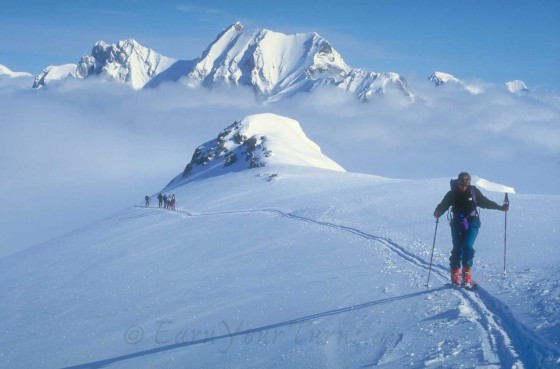 Heading up to Mt. Fang, Mt. Moloch beckons in the distance with an obvious avy bowl.