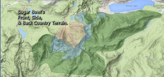 In reality, the backcountry terrain extends at least to Squaw Valley, but the dark green is a more common range for a single day around SB.