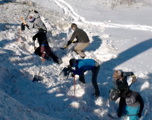 Team Ortovox and Team BCA dig for bragging rights. BCA won. Ortovox had some carnage (broken shovel). 