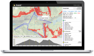 Desktop view of an Avanet topo map showing high risk zones and the path followed.