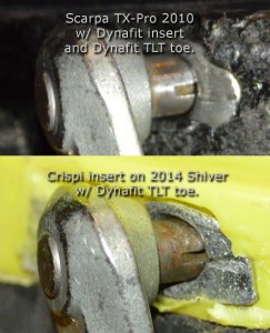 An inexact comparison of how deep the pins seat in the boot inserts of a 2010 Scarpa TX-Pro w/genuine Dynafit inserts VS a 2014 Crispi Shiver with their own inserts. It isn't dramatic, but the pins appear to seat deeper in the Scarpa boot.