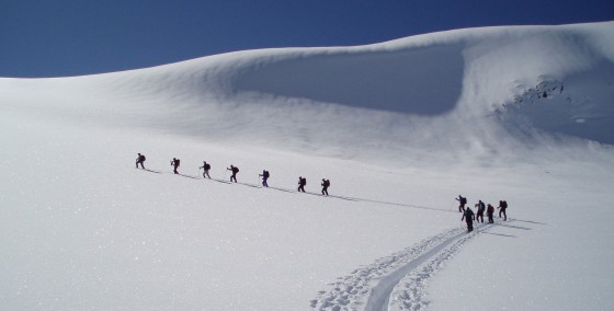 Group dynamics in action in the Selkirk Mountains of Canada.