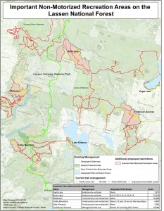 A map of existing trails systems and their OSV (or not) designation in Lassen National Forest.